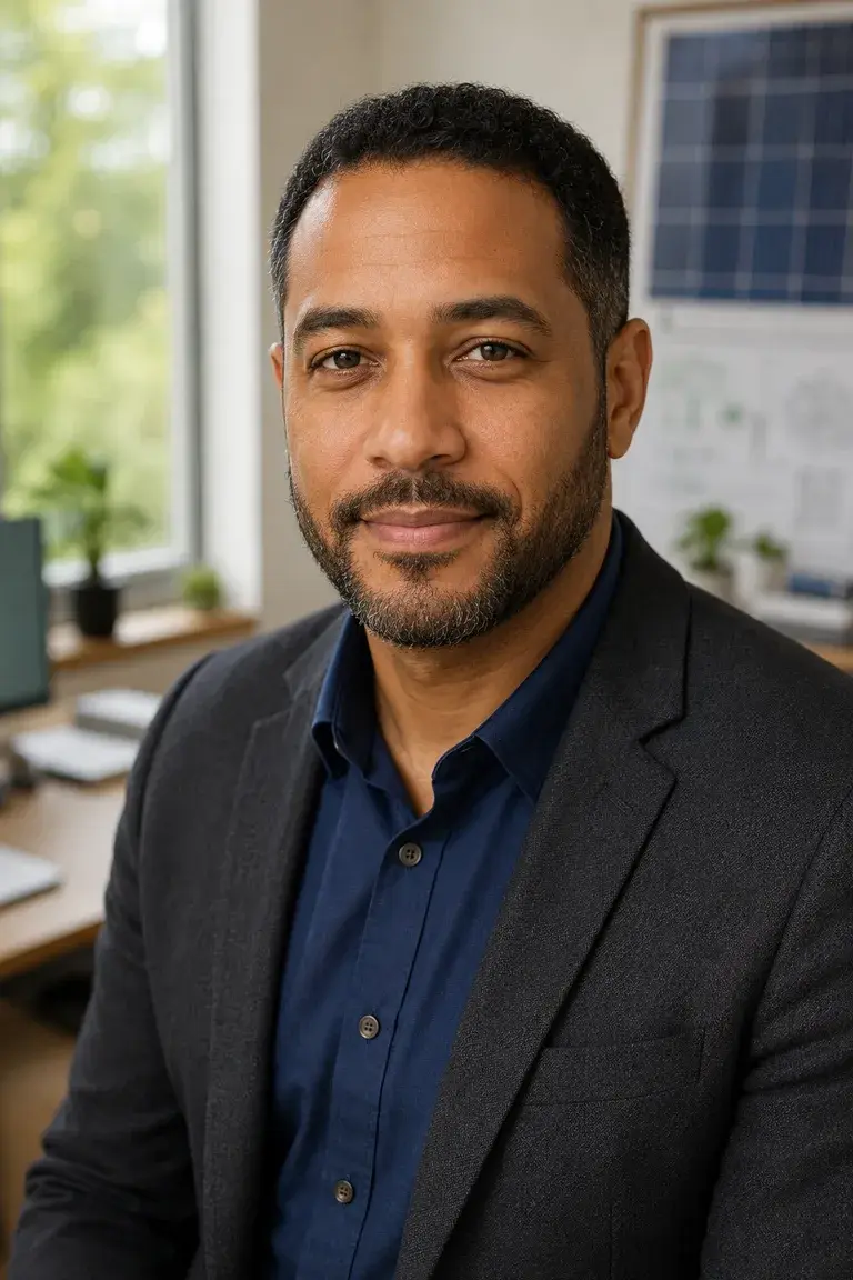 Marcus Vance, clean energy consultant and Wattcrunch solar author, in a solar-focused office